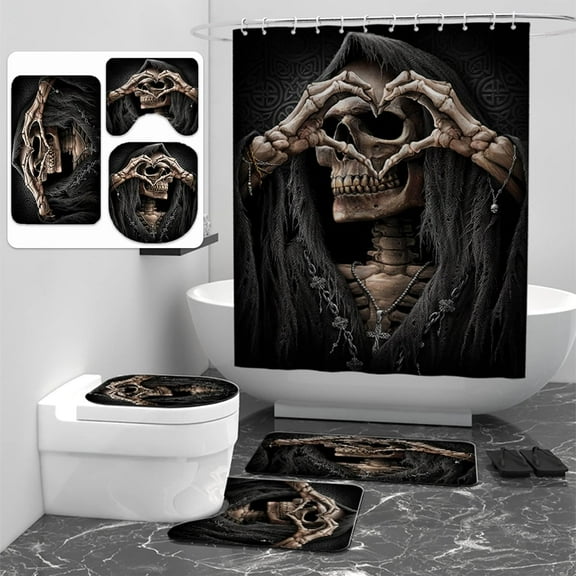 4PCS/Set Skull Shower Curtain Set, Home Tub Curtains Sets with Memory Foam Rugs, Non-Slip Bathroom Rugs Bath Mats Toilet Rug, Waterproof Shower Curtain,70.8x70.8in Skull 7