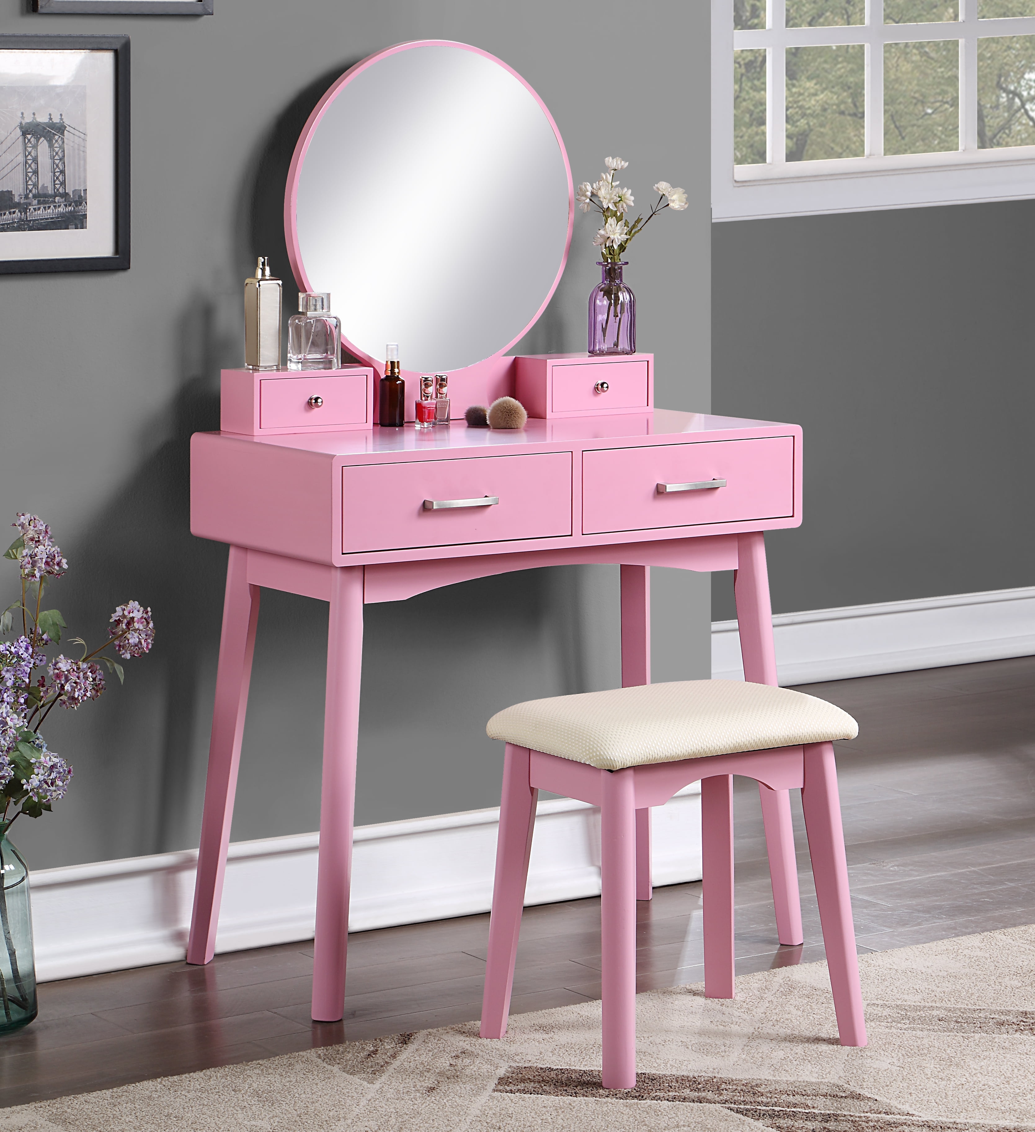 Mintazer Modern Vanity Table Set, Round Mirror Makeup Dressing Table with 4 Drawers & Upholstered Stool for Bedroom, Pink