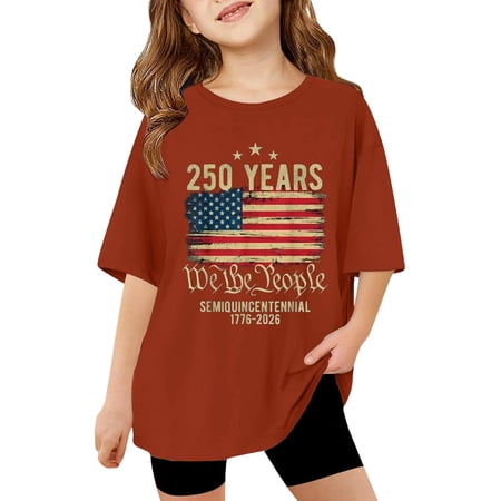 BOOMNY 250 Anniversary Usa Toddler Girls Short Sleeve T Shirts Patriotic Usa Flag Graphic 4Th Of July T-Shirts Loose Tee Tops Sizes 7-8 Years