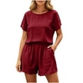 thumbnail image 2 of Costeam Womens Solid Color Crew Neck Two Piece Outfit Short Sleeve Top And Elastic Waist Shorts With Side Seam Pockets Lightweight Cooling Breathable Fabric Loose Fit Casual Set, 2 of 6