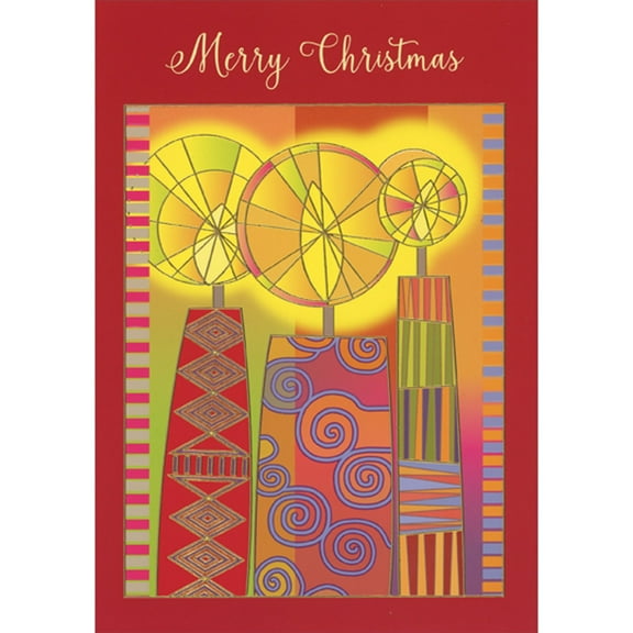 Designer Greetings Three Colorful Patterned Candles with Stained Glass Styled Glowing Flames African American Christmas Card