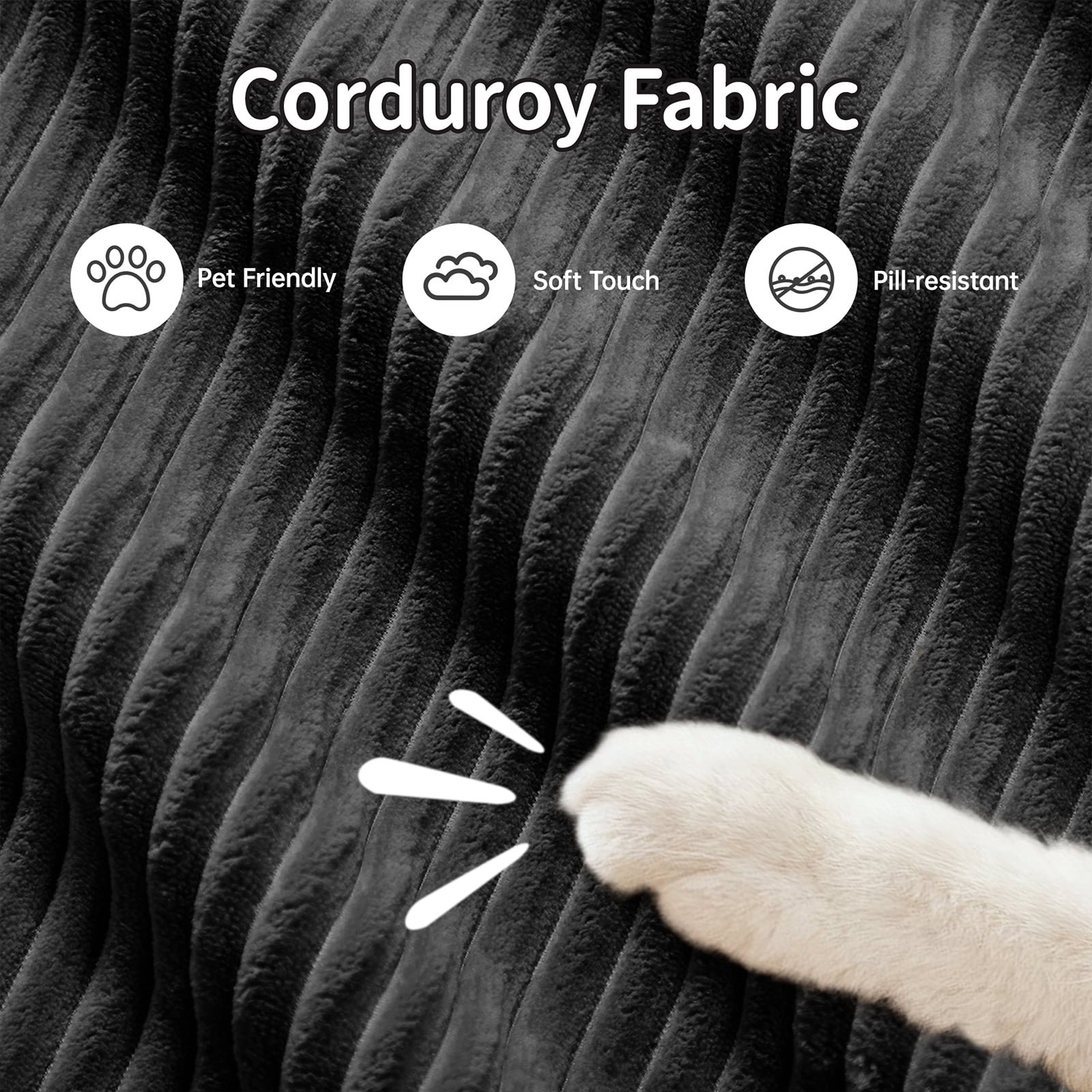 80" Modern Compressed Boneless Love Seat Couches with 1 Ottoman, 2 Seater Large Sectional Couches for Living Room, Black Corduroy Cloud Modular Sectional Sofa, Memory Foam, Deep Loveseat, No Assembly