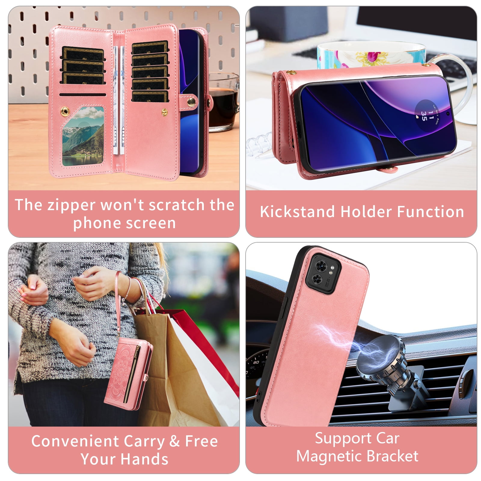 Asuwish Detachable Magnetic Zipper Wallet Phone Case with Flower Pattern and Screen Protector for Motorola Moto Edge 2023/Edge 40, Rose Gold