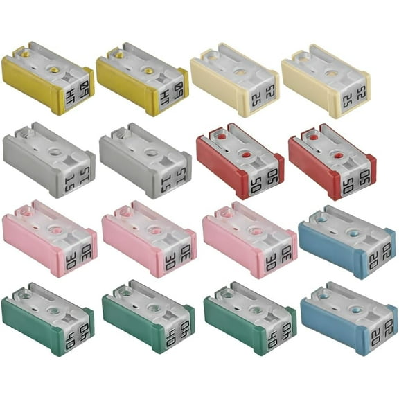 Car Fuse Assortment Kit, 16 PCS 32V Mini Slotted Automotive MCASE Shaped Cartridge Fuse, 15A 20A 25A 30A 40A 50A 60A Vehicle Replacement, Universal for Pickup, Truck, SUV