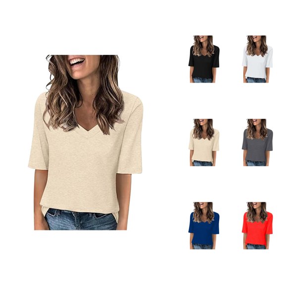 Half Sleeve T Shirts for Women Summer Casual Loose Fit V Neck Plain T Shirts Basic Tees