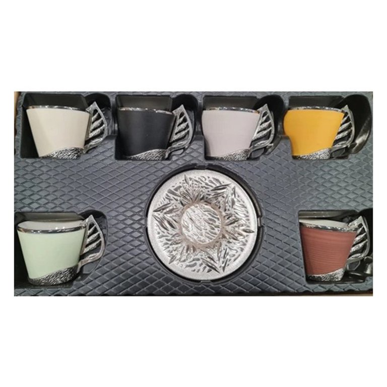 Crystal Stone Coated Silver Color Coffee Cups Set - Traditional Turk