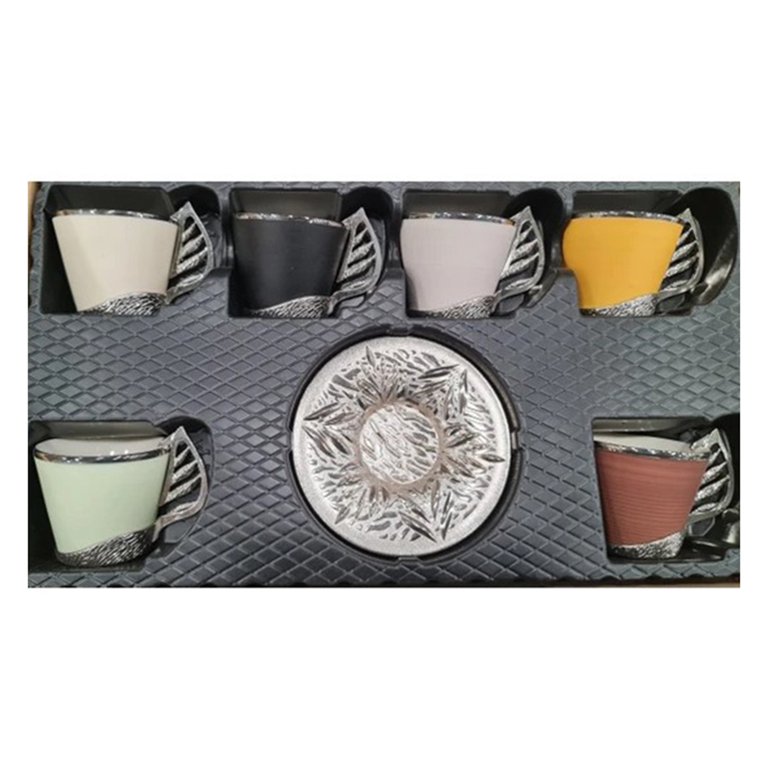 Elegant Turkish Coffee Cup Set with Metal Stand | 19 Pcs Colorful Coffee Cups with Leaf Design Handles and Saucers | 6Arabic, Greek Coffee Cups | Set