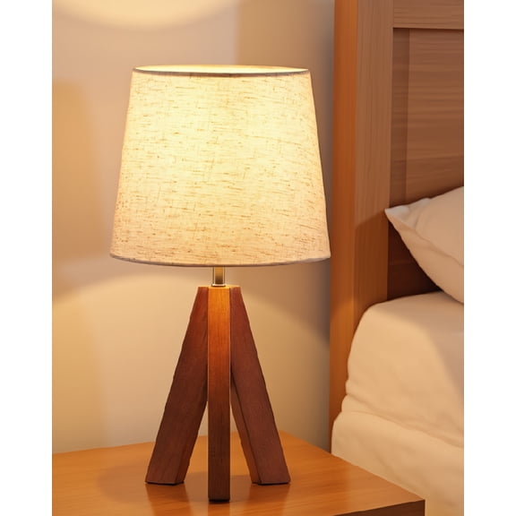 1-Pack Tripod Table Lamp, 14.6 Inch Bedside Lamp with Beige Linen Shade, E26 Socket, Dark Wood Base, for Bedroom Nightstand