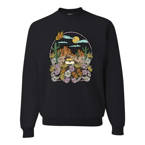 Wild Bobby Trendy Landscape With Daisies Cactus Monarch Butterfly Nature Lover Unisex Crewneck Sweatshirt, Black, Small