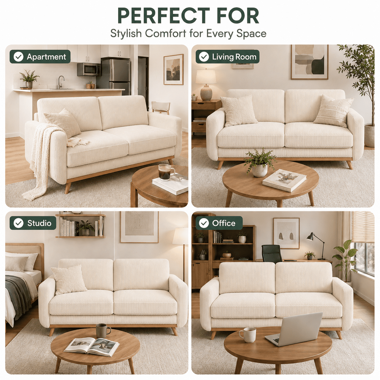 Neche 68" Corduroy Sofa for Living Room, 2 Seater Cream Couch for Small Space Office, Comfy Loveseat in a Box, Beige