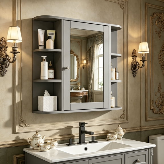 Bathroom Wall Medicine Cabinet with Mirror, Adjustable Wood Shelf & Doors, Wall Mounted Storage with 6 Open Shelves for Small Bathroom, Apartment, Gray