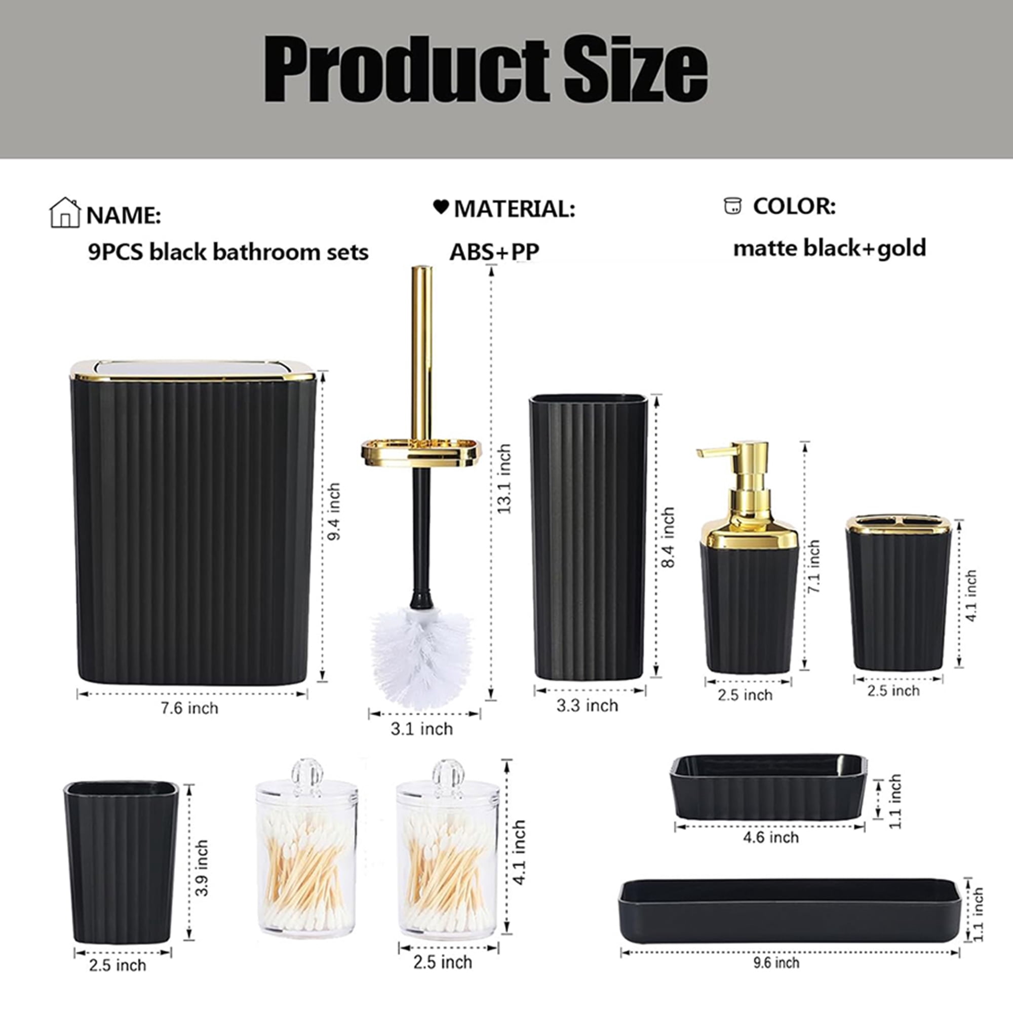 Bathroom Accessories Set,9 Piece Black Bathroom Sets Complete With Toothbrush Holder, Trash Can, Lotion Soap Dispenser, Toothbrush Cup, Vanity Tray, Soap Dish, Toilet Brush, Qtip Holder