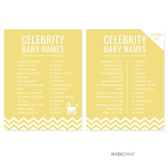 Celebrity Name Game Yellow Chevron Baby Shower Games, 20-Pack