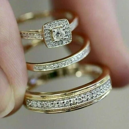 His Her Bridal Wedding Ring Trio Set - Round Cut Diamond Engagement Anniversary Gift For Couple -14k Yellow Gold Plated Silver
