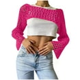 thumbnail image 3 of BiZtdJrK Women Hollow Out Knitted Sweater Cropped Flare Long Sleeve See Through Crochet Bolero Shrugs Fashion Street Y2k Tops Hot Pink L, 3 of 6
