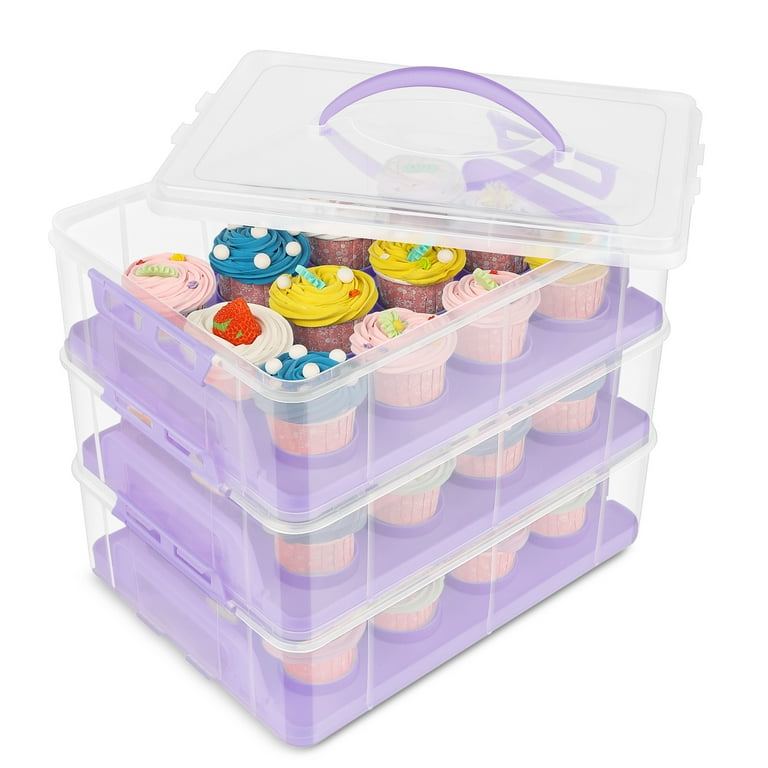  Flexzion Cupcake Carrier, Cupcake Holder for 24 Cupcakes,  Portable and Reusable Rectangular Cake Carrier with Lid and Handle, 2 Tier  Stackable Layer Insert (Purple) : Home & Kitchen