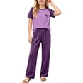 thumbnail image 2 of SGFCWSX Girls 2 Piece Outfits Raglan Sleeve Color Block Short Sleeve T-Shirt Wide Leg Pants Summer Casual Clothes Set Purple Size 14, 2 of 8