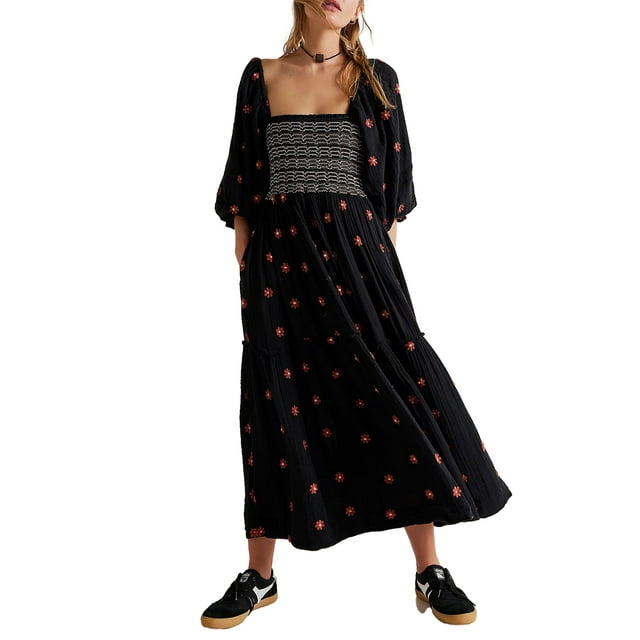 SUNSIOM Robe Longue pour Femmes, Brodée de Fleurs Manches Longues Col Carré Fluide Printemps Automne