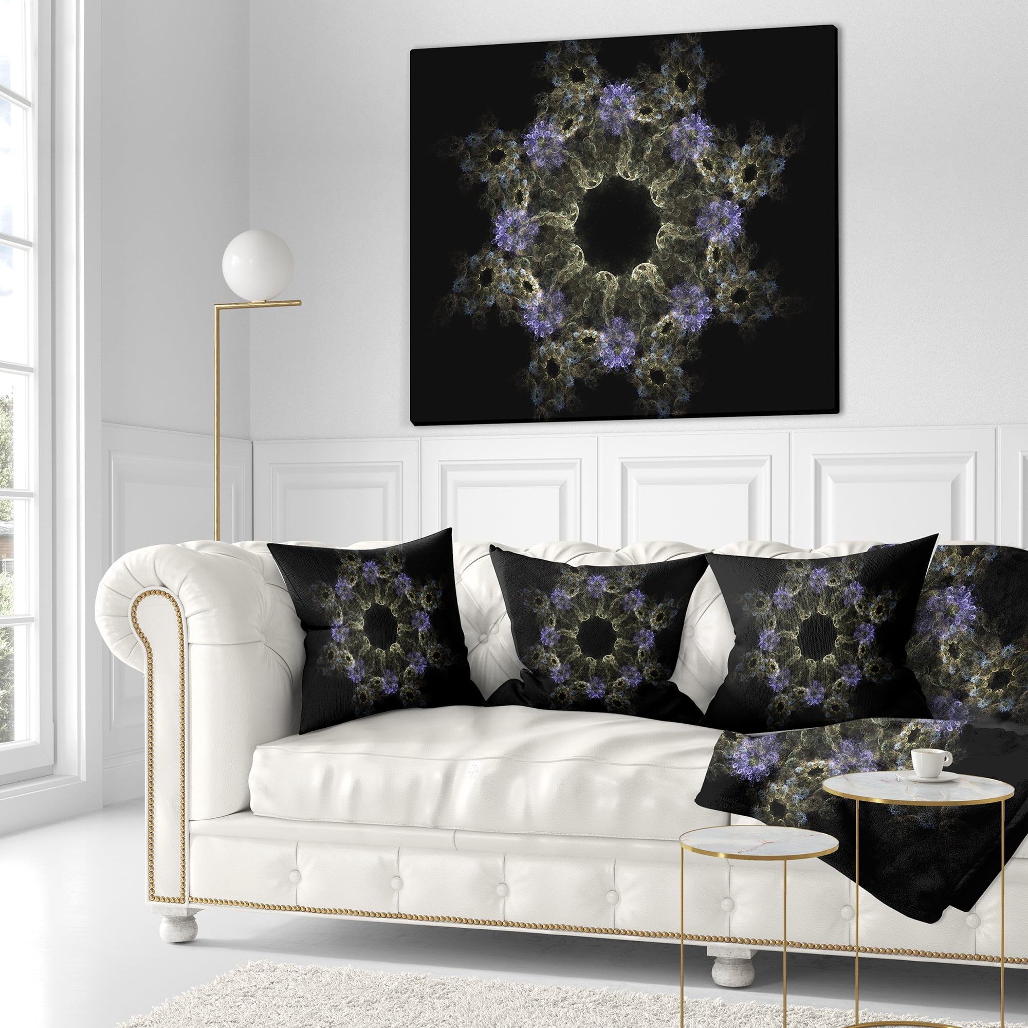Designart Glowing Radial Fractal Flower in Purple - Floral Throw Pillow - 18x18