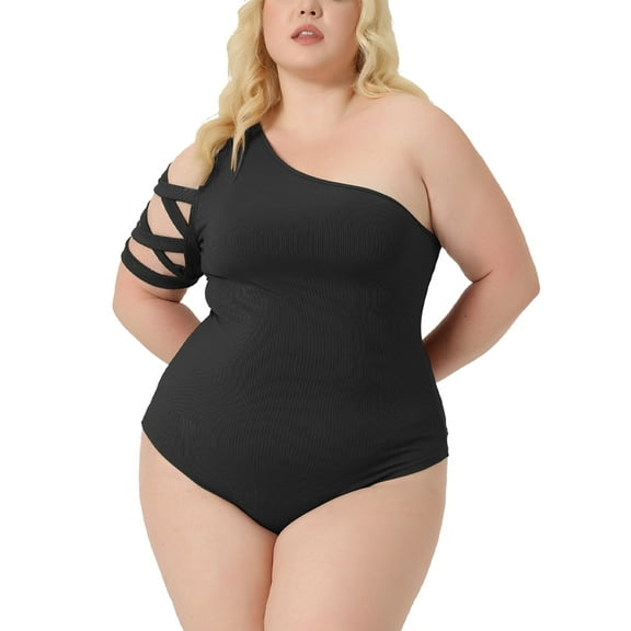 Agnes Orinda Women's Plus Size Bodysuits Summer One Shoulder Cutout Romper Bodysuit Tops Jumpsuit 1X Black