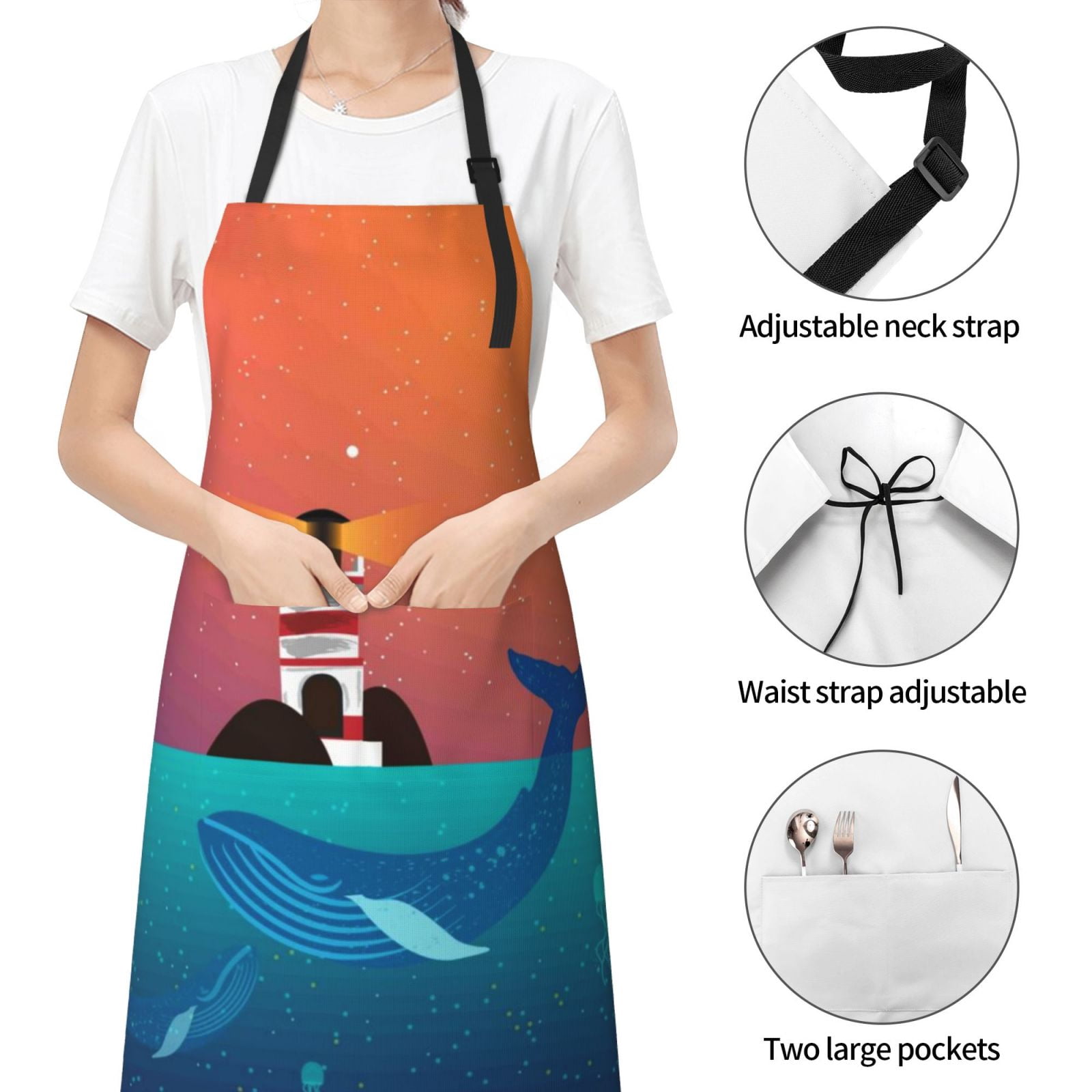 Kdxio Lighthouse and Whale Apron with Pockets Adjustable Kitchen Aprons for Men Women Waterproof Aprons for Cooking,Drawing,Crafting, Baking Household Cleaning