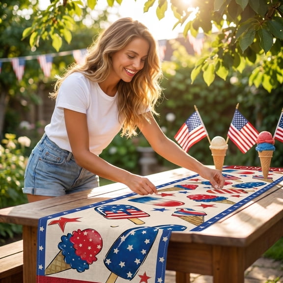 Independence Day Table Runner Patriotic Linen Decor Smooth Textile Table Linen Stain Resistant For Dining Table Home Party Holiday Decoration(13×72 in)