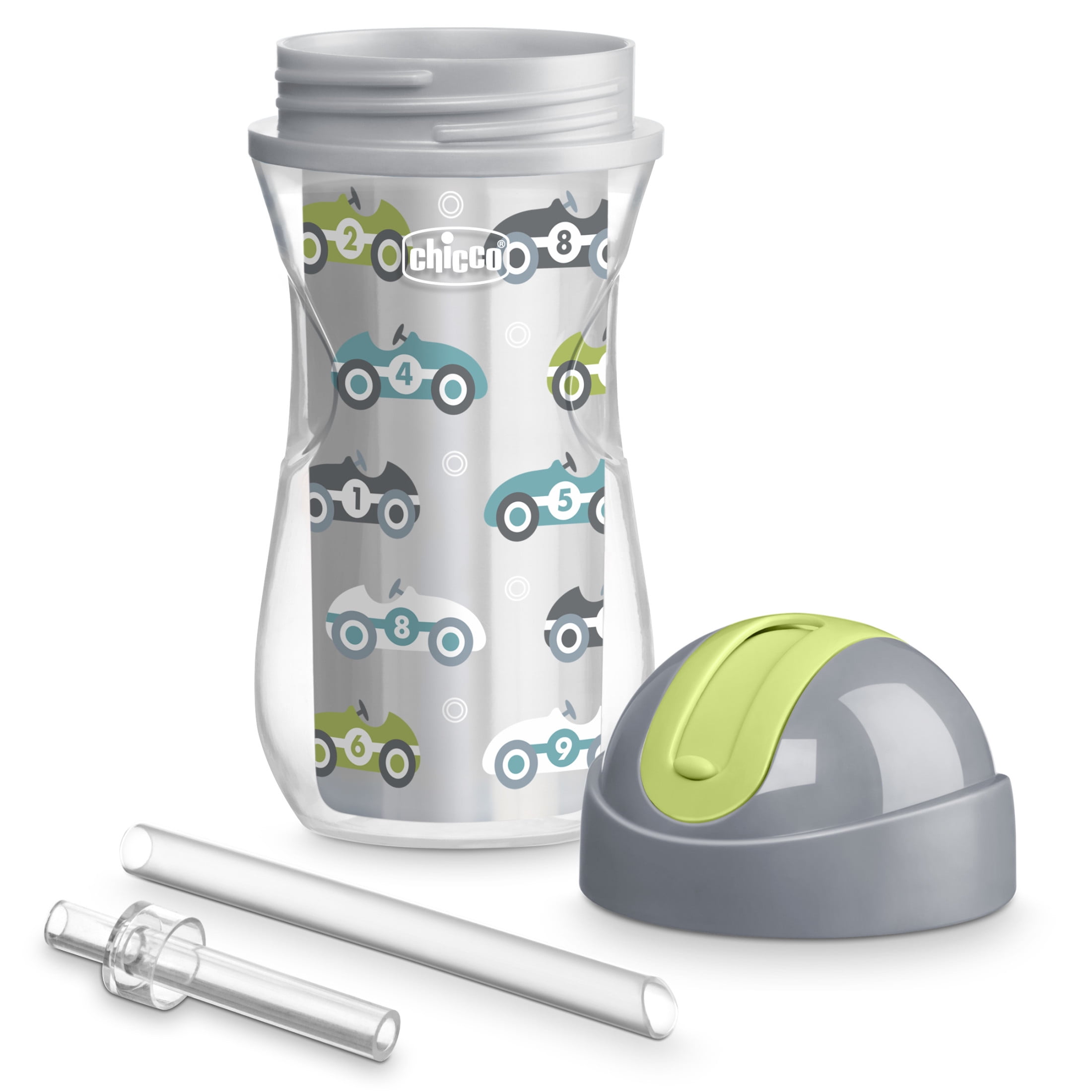 Chicco 9oz. Flip-Top Straw Trainer with Soft Silicone Straw and Double-Wall Insulation, 12m+, 2-Pack - Cars/Checker, New
