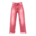 thumbnail image 5 of Women's Irregular Waistband Denim Jeans, Elastic Stretch Retro Streetwear Straight Leg Pants, Casual Distressed Jeans for Women, Unisex Baggy Trousers Pink XXL, 5 of 5