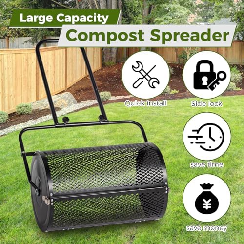 24 Inch Compost Lawn Spreader,Durable and Lightweight Fertilizer Spreaders,Garden Peat Moss Roller,Metal Mesh Roller Lawn Spreader,with Double Side Latches,for Lawn Garden Yard Care (Black)