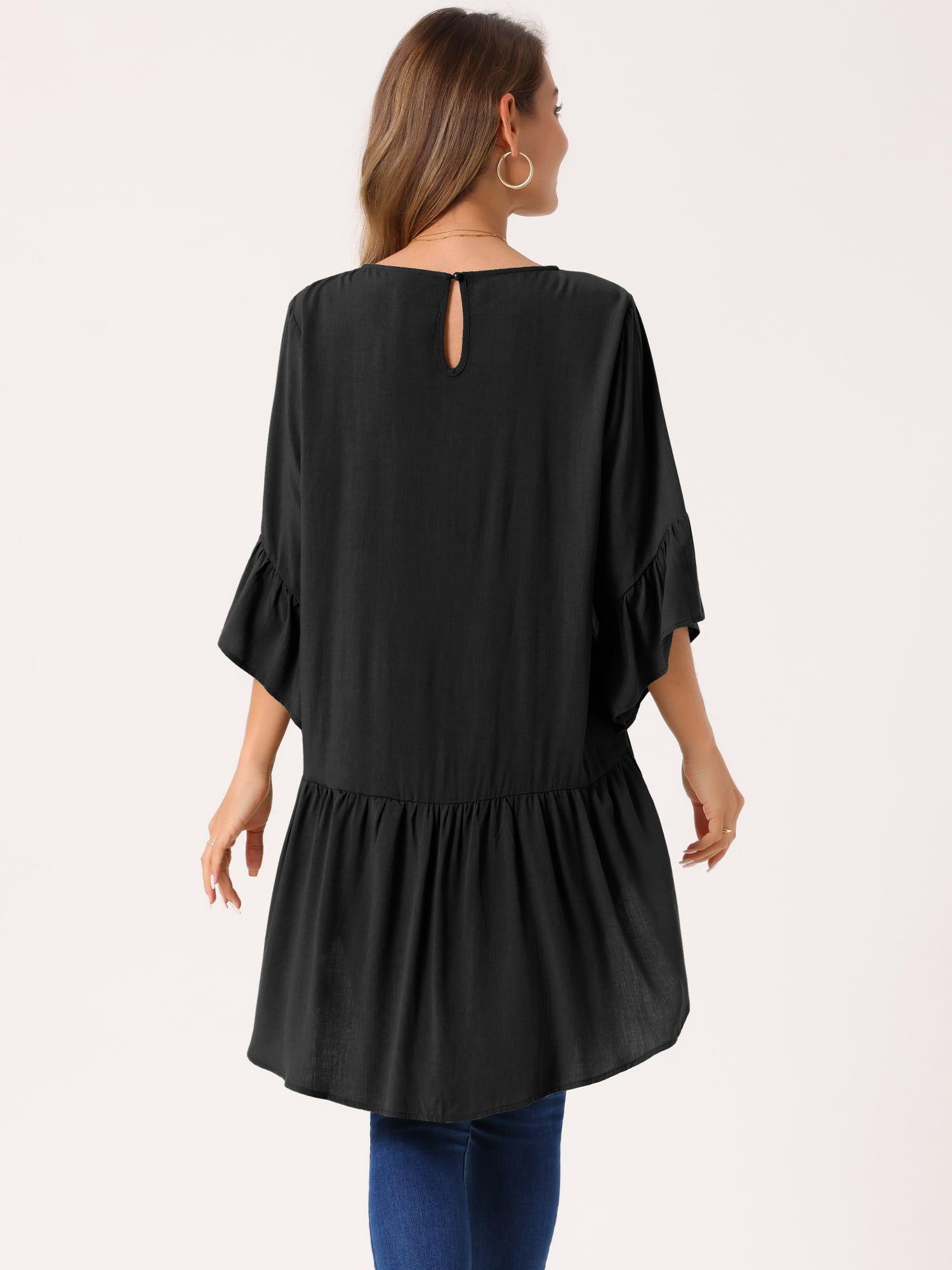 DARING DIVA Women's High Low 3/4 Bell Sleeve Ruffle Hem Blouse S Blacks