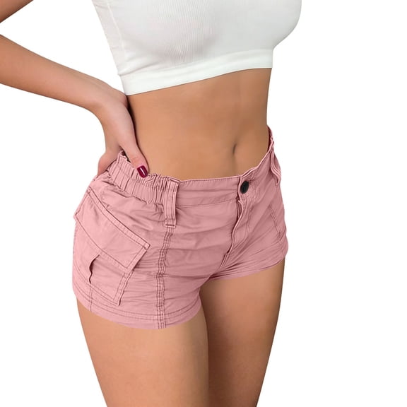 BLVB Women's Mini Cargo Shorts Elastic Waist Low Rise Slim Fitted Vintage Streetwear Summer Casual Chino Shorts