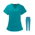thumbnail image 1 of TISHITA Ensemble Uniforme de Travail Haut et Pantalon Doux Multi-Poches Unisexe Col en V Extensible Bleu m, 1 of 8