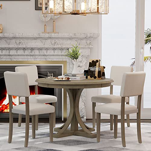 Merax Ensemble de Table à Manger Ronde 5 Pcs avec 4 Chaises Rembourrées, Style Tréteau en Bois pour Cuisine avec Pieds de Table Style Tréteau Courbés (Taupe)