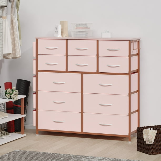 Comoda Cajonera para Recamara, Cómoda Gran Capacidad de 12 Cajones con Parte Superior Madera y Marco De Acero, Mueble Organizador con Bolsillos Laterales y Ganchos para Armarios