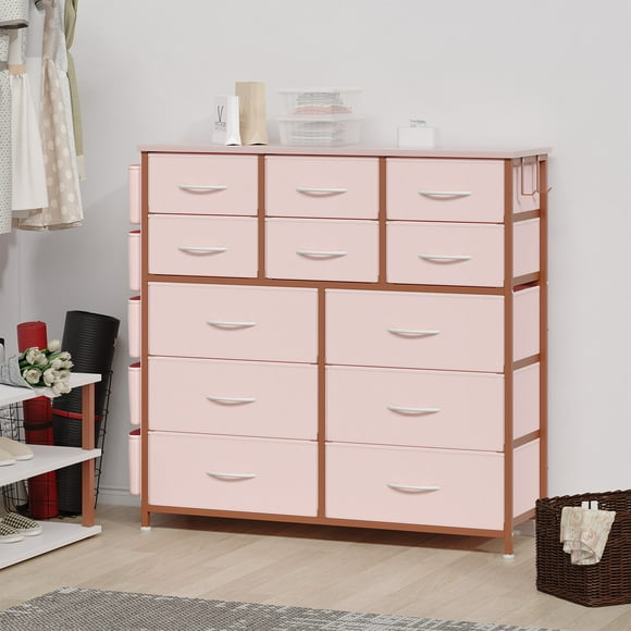 Comoda Cajonera para Recamara, Cómoda Gran Capacidad de 12 Cajones con Parte Superior Madera y Marco De Acero, Mueble Organizador con Bolsillos Laterales y Ganchos para Armarios