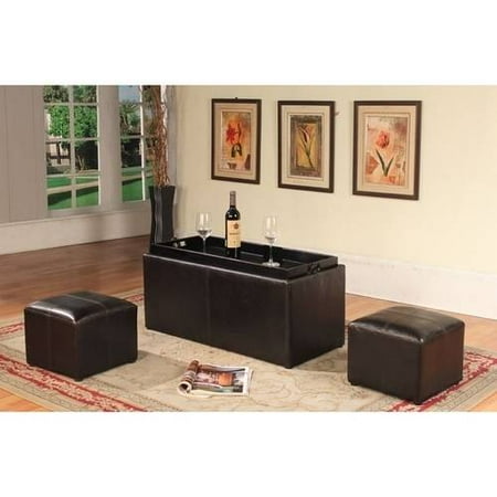 Roundhill Espresso Bonded Leather Storage Coffee Table With 2 Roundhill Espresso Bonded Leather Storage Coffee Table With 2 Ottomans