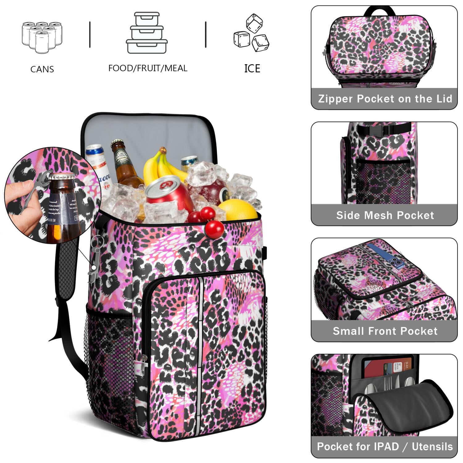 Travel Cooler Bag - Pink Leopard Pattern Camping Beer Cooler Backpack with Bottle Opener- Waterproof Insulated Picnic Backpacks - Cooler Bag for Beach