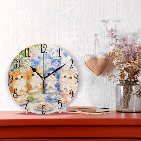 10 Quartz Indoor Wall Clock Silent Mechanism / Four Fluffy Cat Tea Lovers