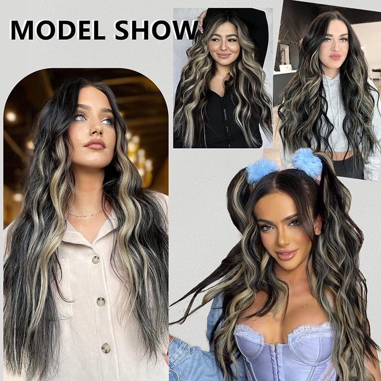 Clip in Hair Extensions Synthetic 24 Inch Black Thick Wavy 4PCS for Women Amazon.com : XIXISNOW 24 Inch Clip in Hair Extensions Black  main image 3