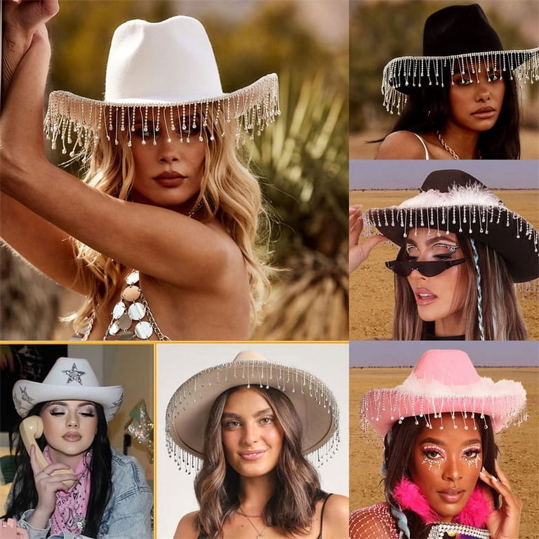 Cowboy Hat for Women Feather Rhinestone Tseled Wide Brim 