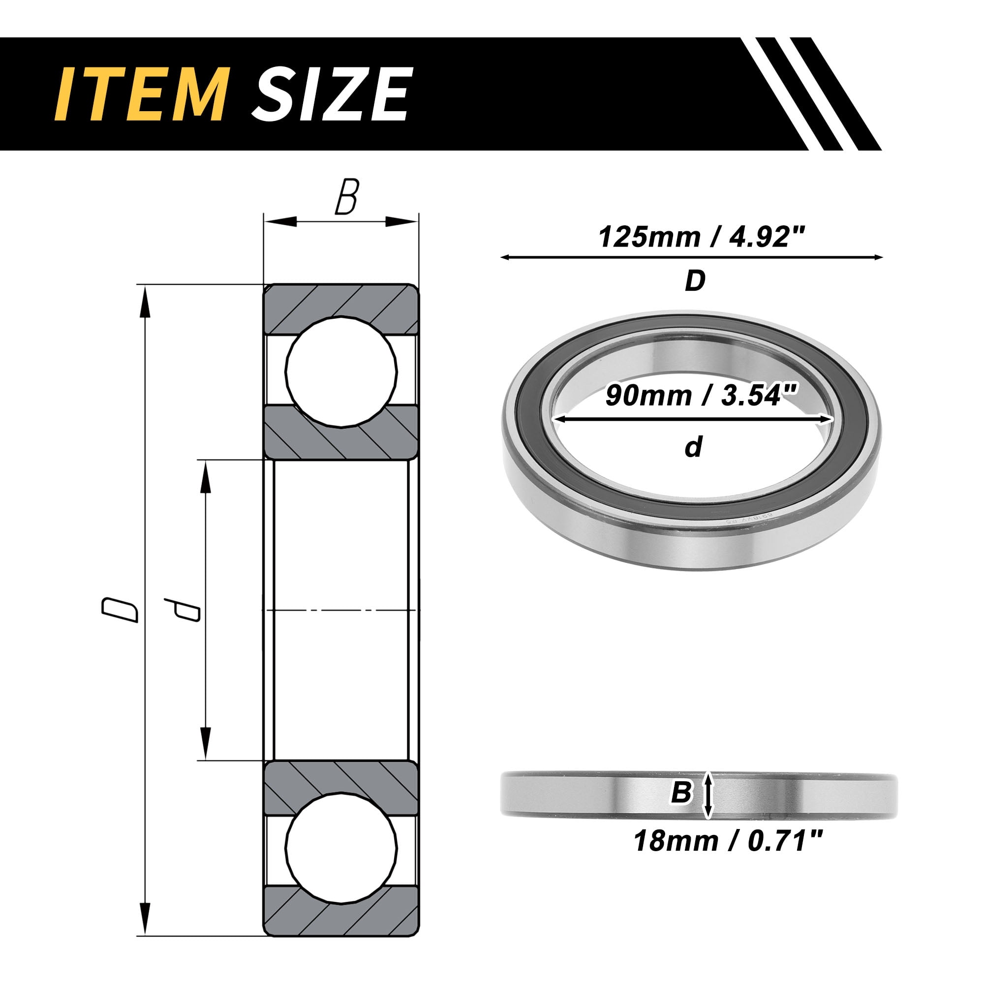 Unique Bargains 6918VV Deep Groove Ball Bearings 90x125x18mm P5 Double Rubber Seal Lubricated Bearings 1 Pc Car Scooter Skateboard Wheel Universal Black Silver Tone