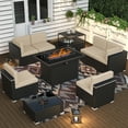 thumbnail image 1 of 9 Piece Patio Furniture Set with 44" Propane Gas Fire Pit Table, Outdoor Sectional Conversation Set Wicker Rattan Sofa Set with Storage Side Table & Coffee Table, 1 of 6