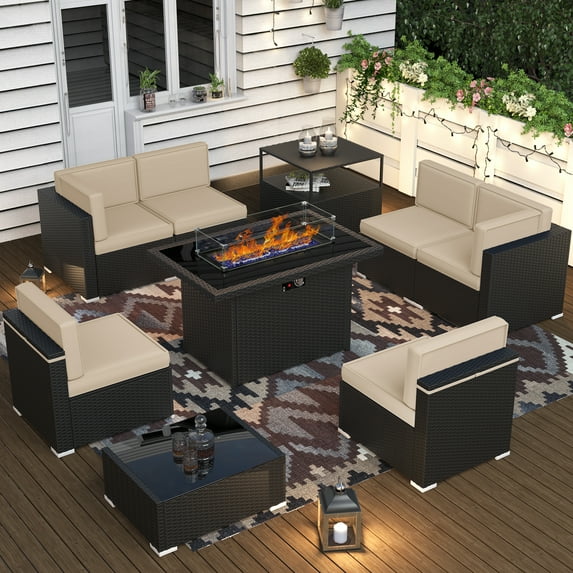 9 Piece Patio Furniture Set with 44" Propane Gas Fire Pit Table, Outdoor Sectional Conversation Set Wicker Rattan Sofa Set with Storage Side Table & Coffee Table