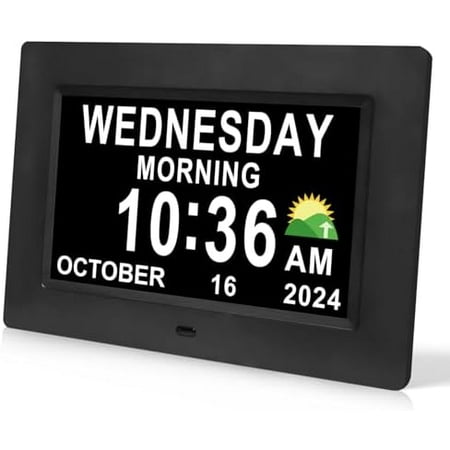 Digital Calendar Dementia Alarm Clock with Day and Date for Elderly - 15 Alarms 5 Colors Display Large Display Alzheimers Clock Large Digital Clock for Seniors (7in Black)