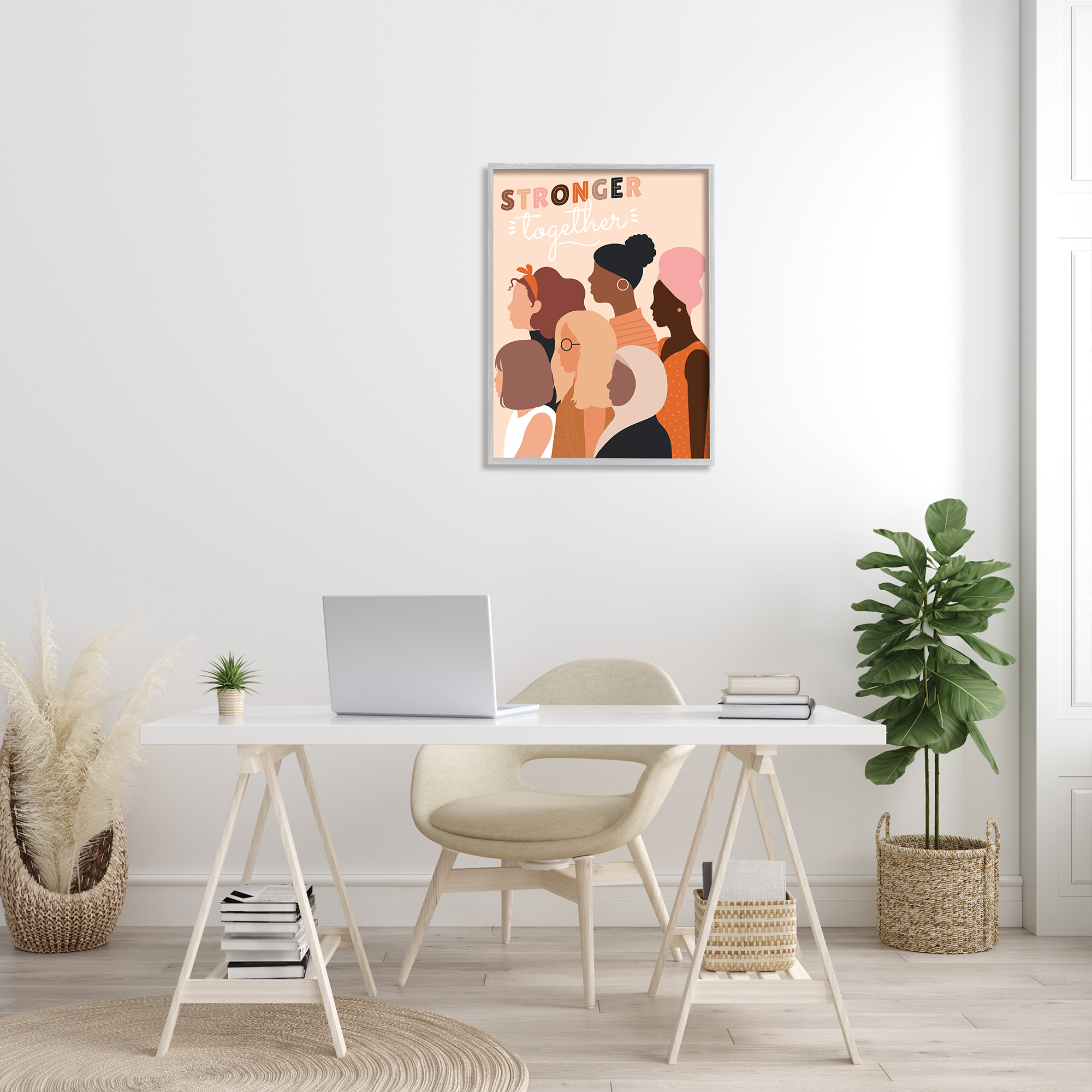 Stupell Industries Stronger Together Inclusive Phrase Group of Women Inspirational Painting Gray Framed Art Print Wall Art, 24 x 30