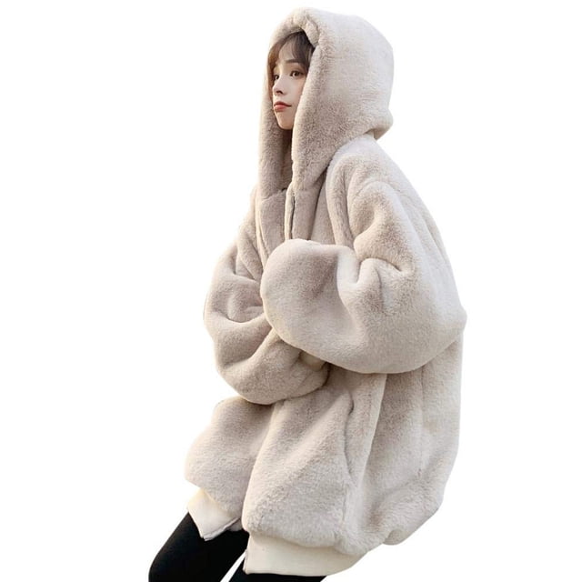 WEIYLL Fleece Jacket Women Loose Plush Imitating Rabbit Grass Mid-Length Thick Hooded White Going Out Fall Tops Size XL