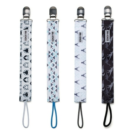Ava & Kings 4 Pack Pacifier Clip Teething Ring Holder Straps to Sooth Baby Infants and Toddlers - Mixed Designs for Boys or Girls - Soft High Quality Materials & Secure Gripping Clamps