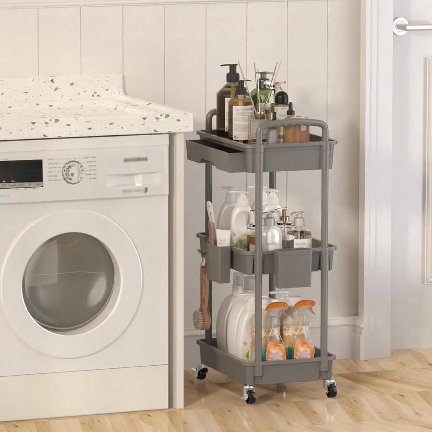 NTGFU 3 Tier Rolling Storage Cart with Drawers,Room Decor,Bathroom Decor,Rolling Utility Cart Rolling Storage Organizer Tool for Kitchen,Bathroom,Living Room,Office Outdoor Decor - Grey