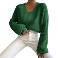 thumbnail image 2 of Qetyuw Cropped Sweater for Women Crochet Knitted Lantern Long Sleeve V Neck Sweaters Solid Color Casual Pullover Jumper, 2 of 6