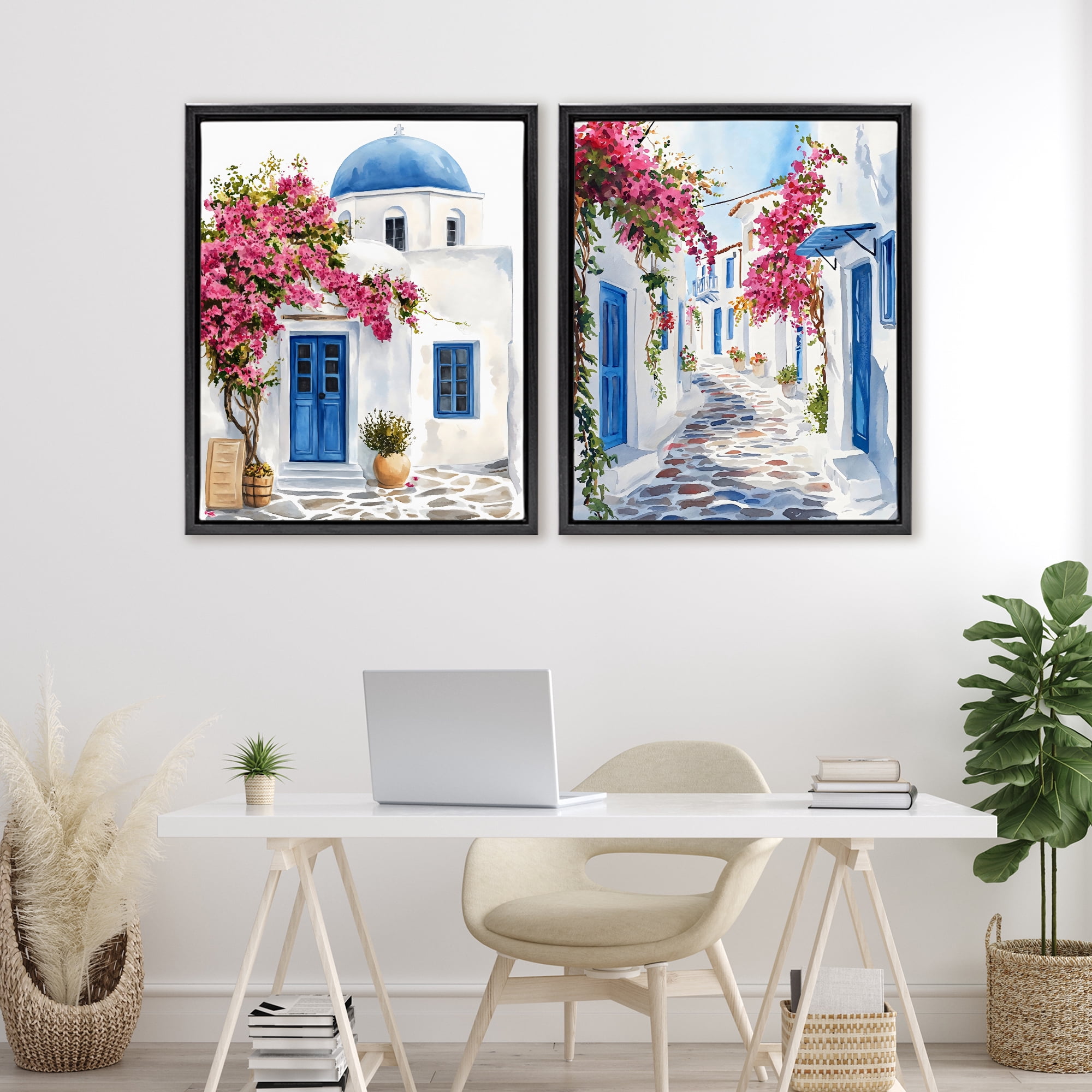 Stupell Industries Santorini House with Pink Tree 2 Piece Black Framed Floater Canvas Set, design by LSR Design Studio